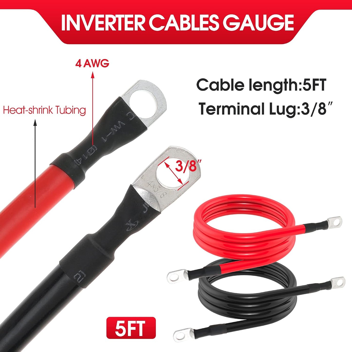 4 AWG Battery Cable 4AWG Gauge Pure Copper Battery Inverter Cables with 3/8 in Lugs Both Ends Power Inverter Wire Set for Automotive Solar Marine Boat RV Car Motorcycle Red and Black (5FT)