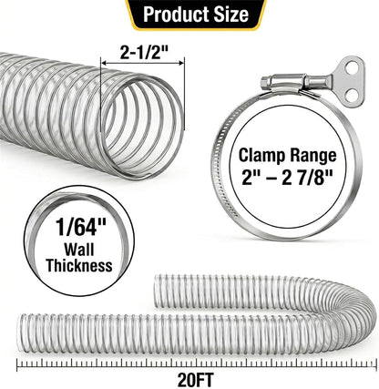 2-1/2" x 20' Heavy Duty Dust Collection Hose, Thickened Clear PVC Flexible Hose with Steel Wire Reinforced, Puncture Resistant for Woodworking Dust Collector System, with 4 Hose Clamps