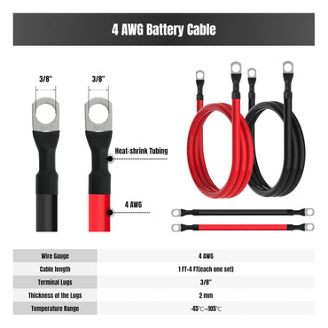 4 AWG Battery Cable 4 Gauge Battery Cables 4AWG Power Inverter Wires Cables with 3/8 inch Lugs for Solar Systems, RVs, Campers, Travel Trailers, Cars (1FT + 4FT)