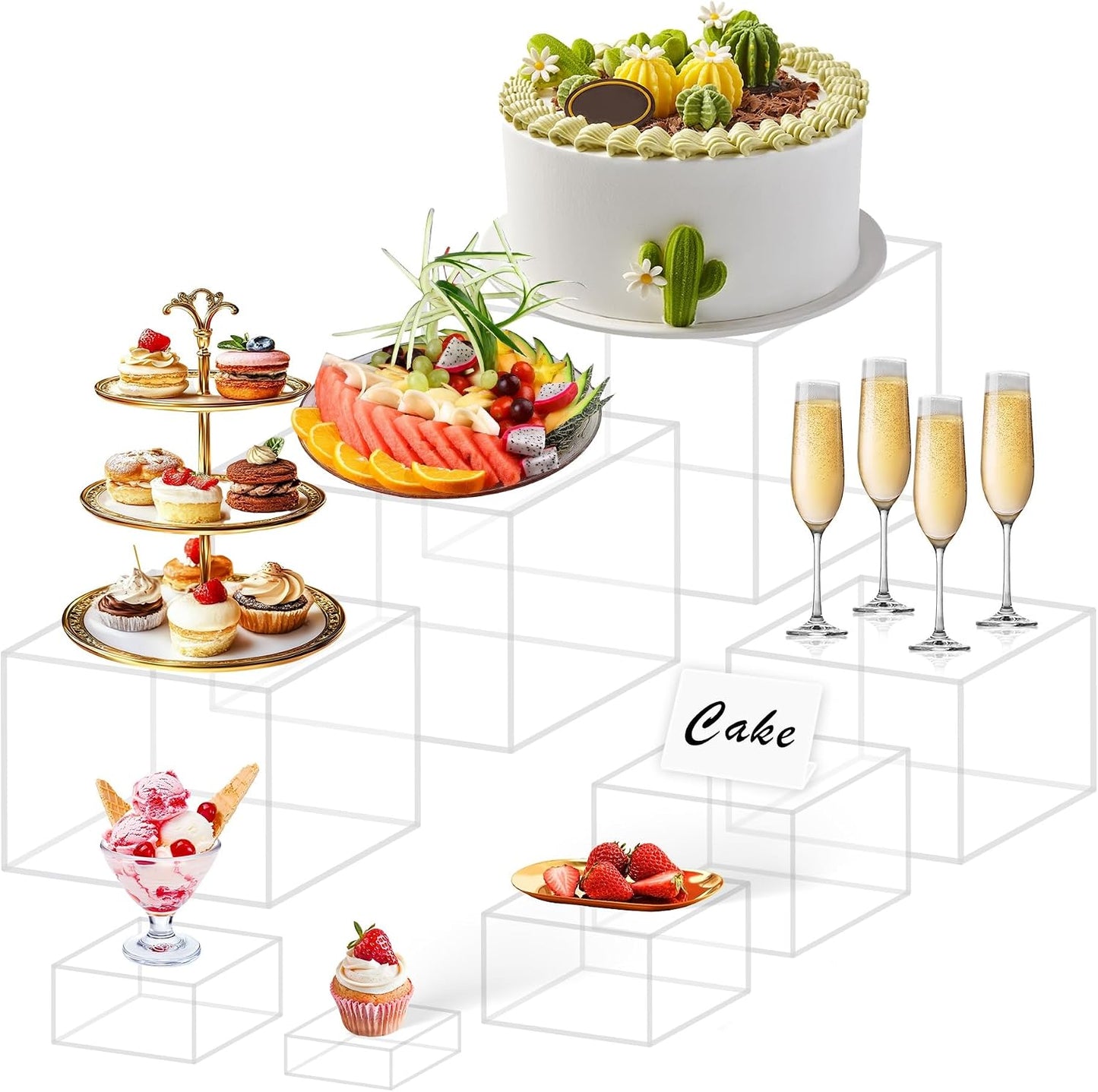 8 Buffet Risers Acrylic Cube Display Stands Box Risers with Hollow Bottoms Dessert Table Display Set Food Nesting Risers for Buffet Table, Cupcake Candy Food, Parties, Brunch, Weddings (Transparent, 6pcs-5''6''7''8''9''10'')