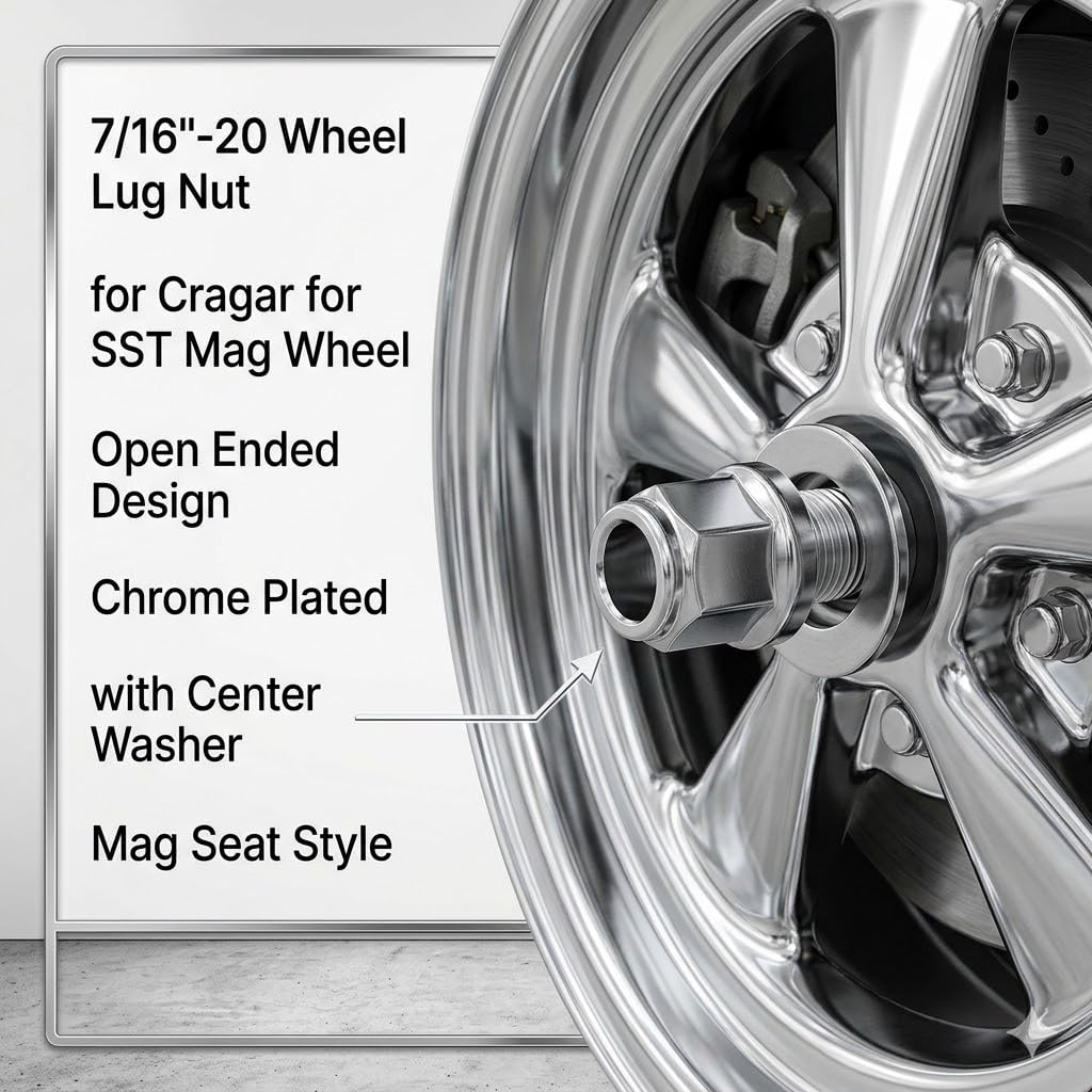 7/16"-20 Wheel Lug Nut for Cragar for SST Mag with Center Washer Open Ended, 13/16” Hex 2.01” Total Length (20Set)