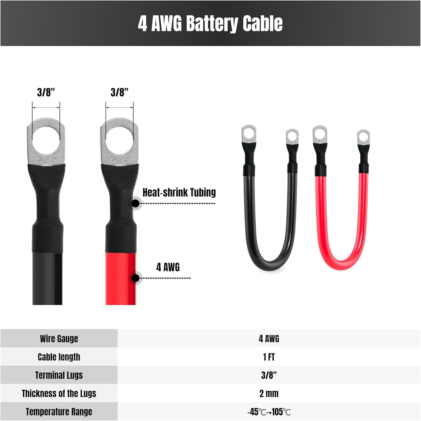 1FT 4 AWG Battery Cable 4 Gauge Battery Cables 4AWG 1 FT Battery Inverter Wires Cables with 3/8 inch Lugs for Solar Power Inverters, RVs, Campers, Travel Trailers, Cars, 2 Pairs