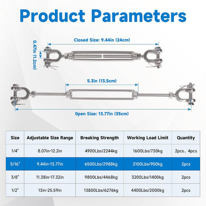 2 PCS M8 Turnbuckle 5/16" Steel Jaw and Jaw Turnbuckle, Adjustable Small Turnbuckle Tensioner, Cable Tensioner, 1140 LBS Working Load Limit, Turnbuckles for Cables Wire Clothesline Shade Sail