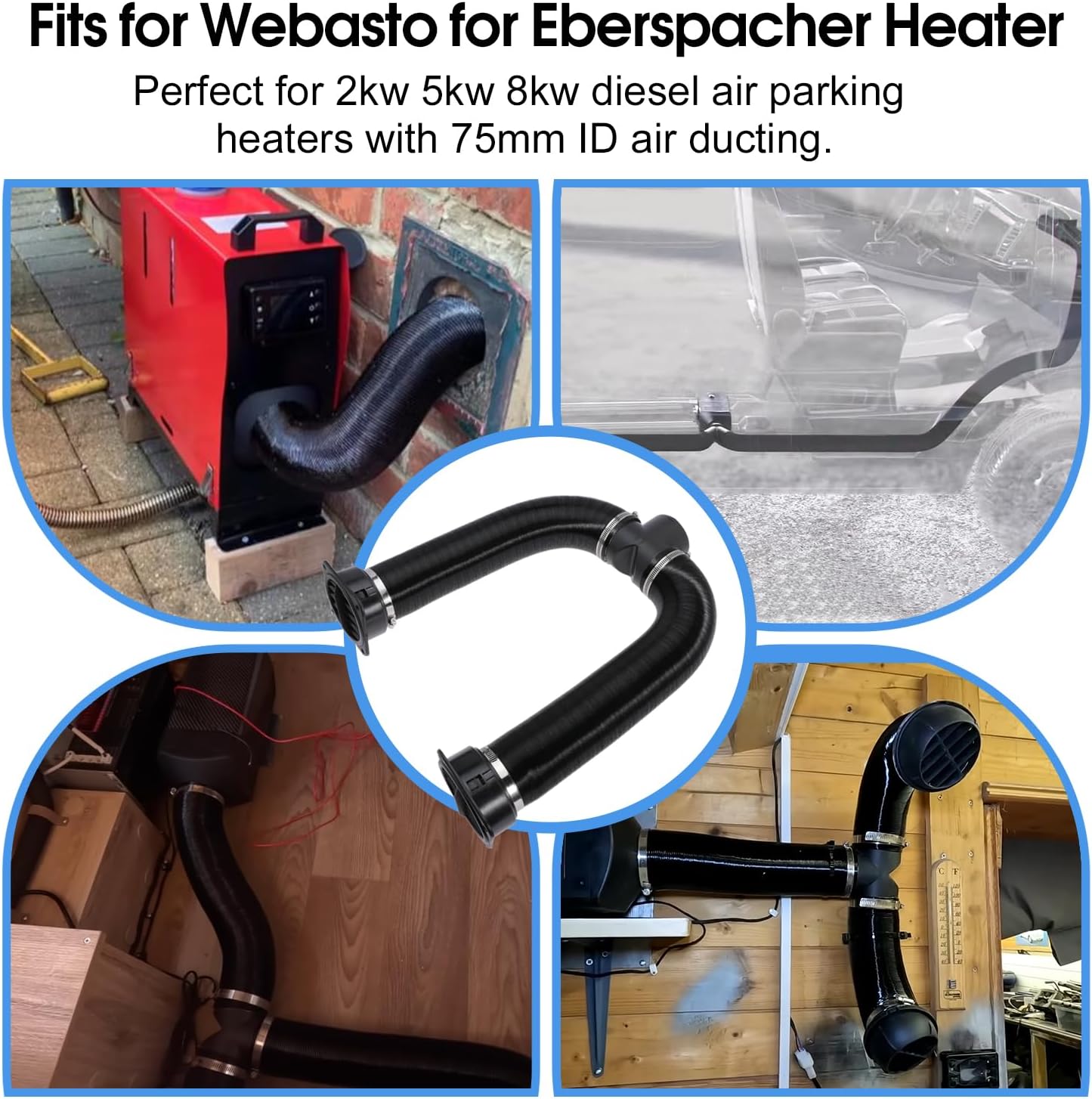 75mm Diesel Heater Pipe Duct Vent Kit with Warm Air Outlet for Webasto for Eberspacher 2KW 5KW 8KW Diesel Parking Heaters (T-shape)