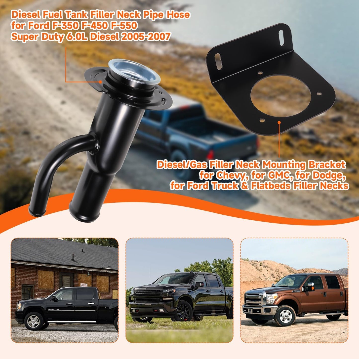 Fuel Tank Filler Neck Pipe Diesel Replace 4C3Z9034C and Fuel Gas Filler Neck Mount for Chevy for GMC for Dodge for Ford Service Body Truck or Flatbed