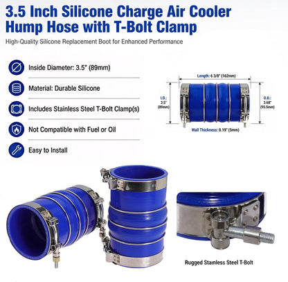 3.5 Inch Silicone Charge Air Cooler Hump Hose Boot Set 3 1/2 x 6 3/8 Inch with T Bolt Clamp Blue 2PC