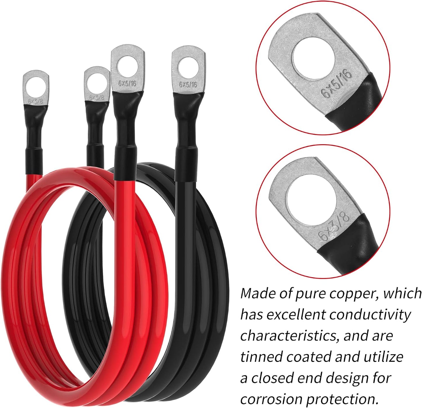 6 AWG Battery Cables 6 Gauge Battery Inverter Cables with 3/8 Inch and 5/16 Inch Lugs Each End for Solar Marine RV Car SUV Truck Tractor Motorcycle 2pcs (3FT, 6 AWG)