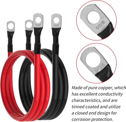 6 AWG Battery Cables 6 Gauge Battery Inverter Cables with 3/8 Inch and 5/16 Inch Lugs Each End for Solar Marine RV Car SUV Truck Tractor Motorcycle 2pcs (3FT, 6 AWG)