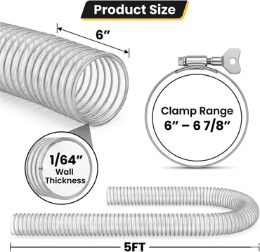 6" x 5' Heavy Duty Dust Collection Hose, Thickened Clear PVC Flexible Hose with Steel Wire Reinforced, Puncture Resistant for Woodworking Dust Collector System