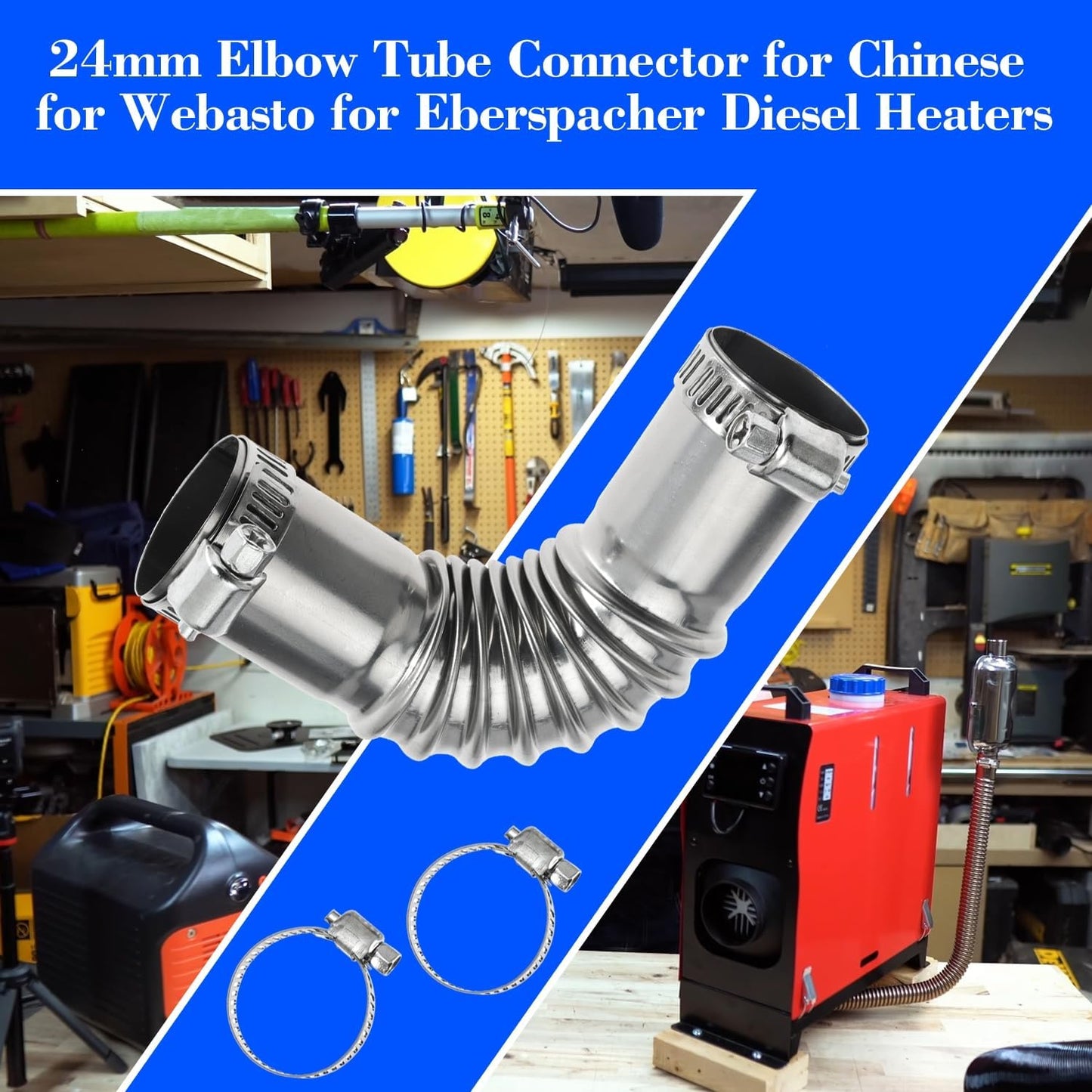 24mm Exhaust Tube Connector for Chinese for Webasto Diesel Heaters with Clamps, Pack of 2
