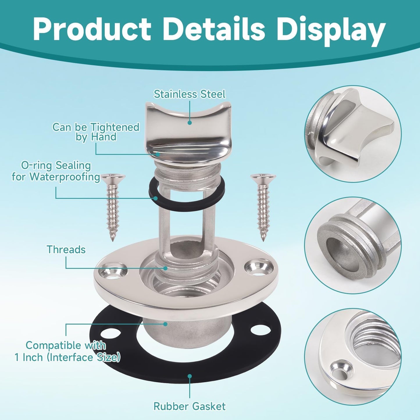 Stainless Steel Boat Drain Plug Oval Garboard Transom Marine Plugs Fit for 1" Hole,Thread for 3/4", with Screws and Waterproof O-Ring