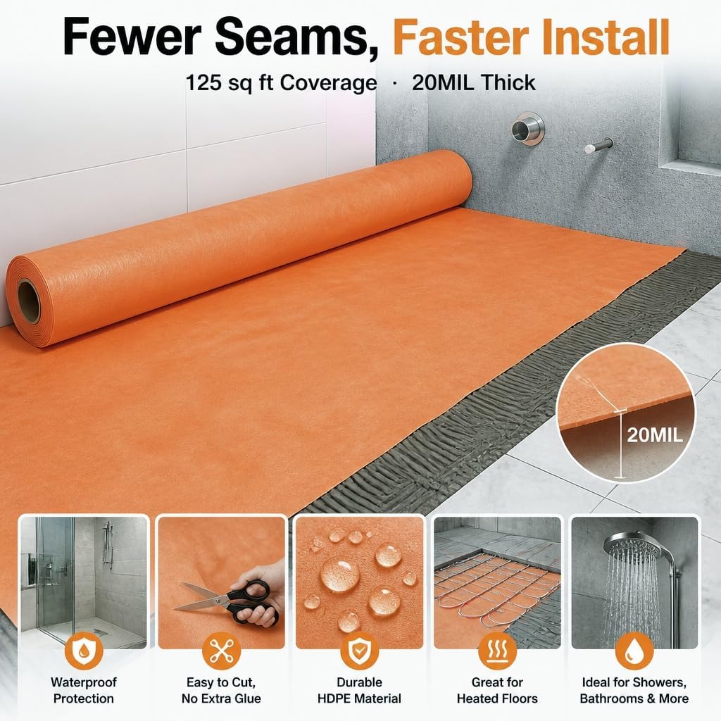 Waterproof Shower Membrane 324 Sq Ft (3.8ft x 87ft) - 20mil Tile Underlayment with 4pcs Inside/Outside Corners, Waterproof Barrier for Bathroom, Sauna, Shower Walls & Floors