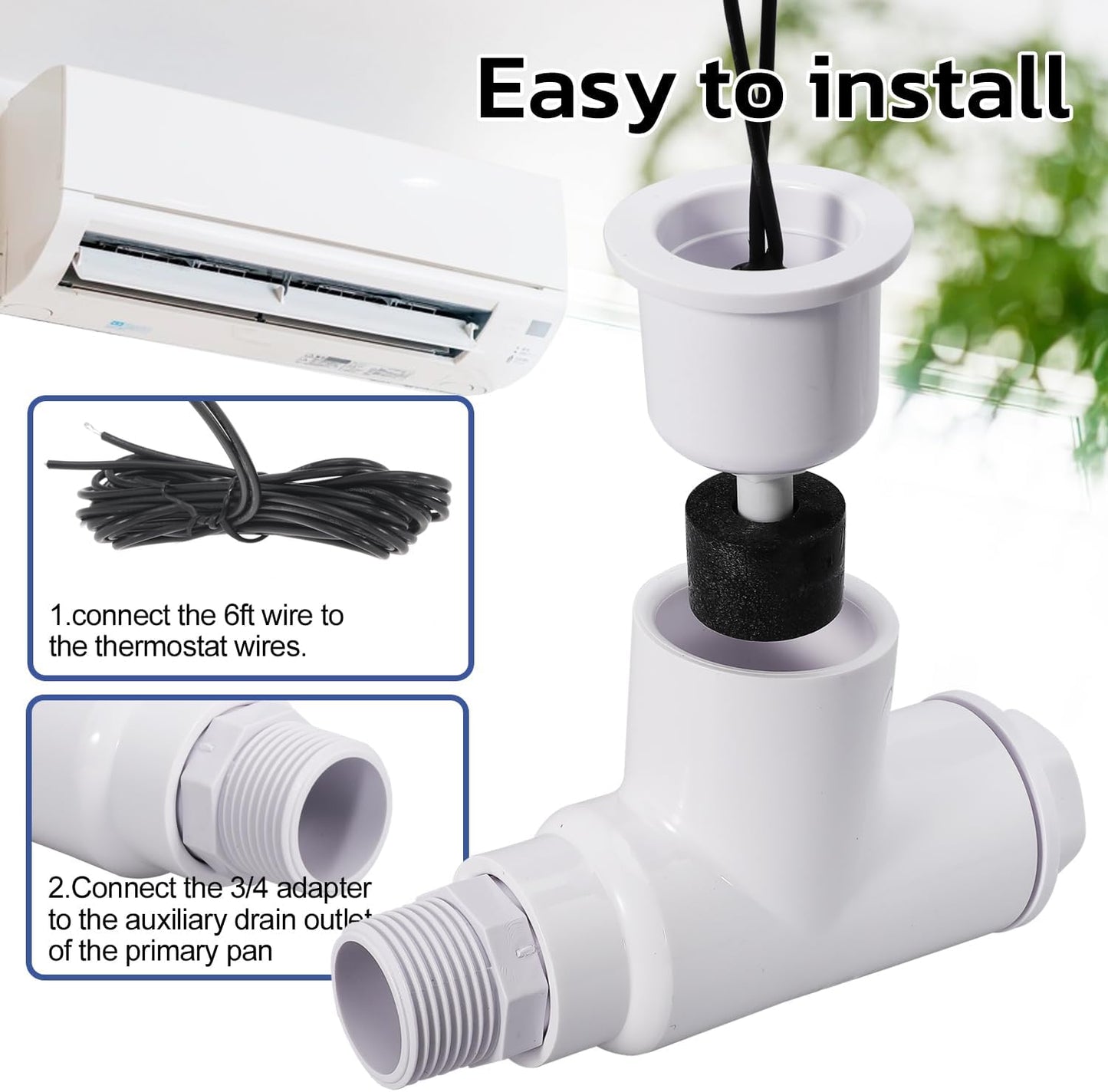 4PACK SS1 Float Switch Condensate Overflow Switch with 3/4 Inch Adaptor and 6FT Wire for HVAC Drain Pan Condensate for condensate Overflow Detection