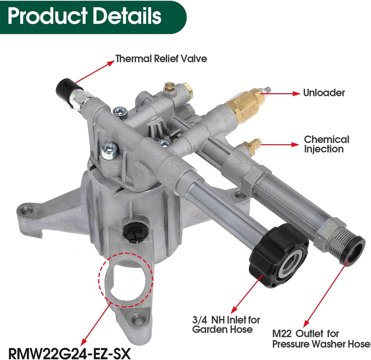High Pressure Washer Pump Replace RMW22G24-EZ-SX Left-Handed Pump Aluminum Vertical 7/8" Shaft Power Washer Pump Head for Troy Bilt for Simpson for Husky for Ryobi for Craftsman 2400 PSI, 2.2 GPM
