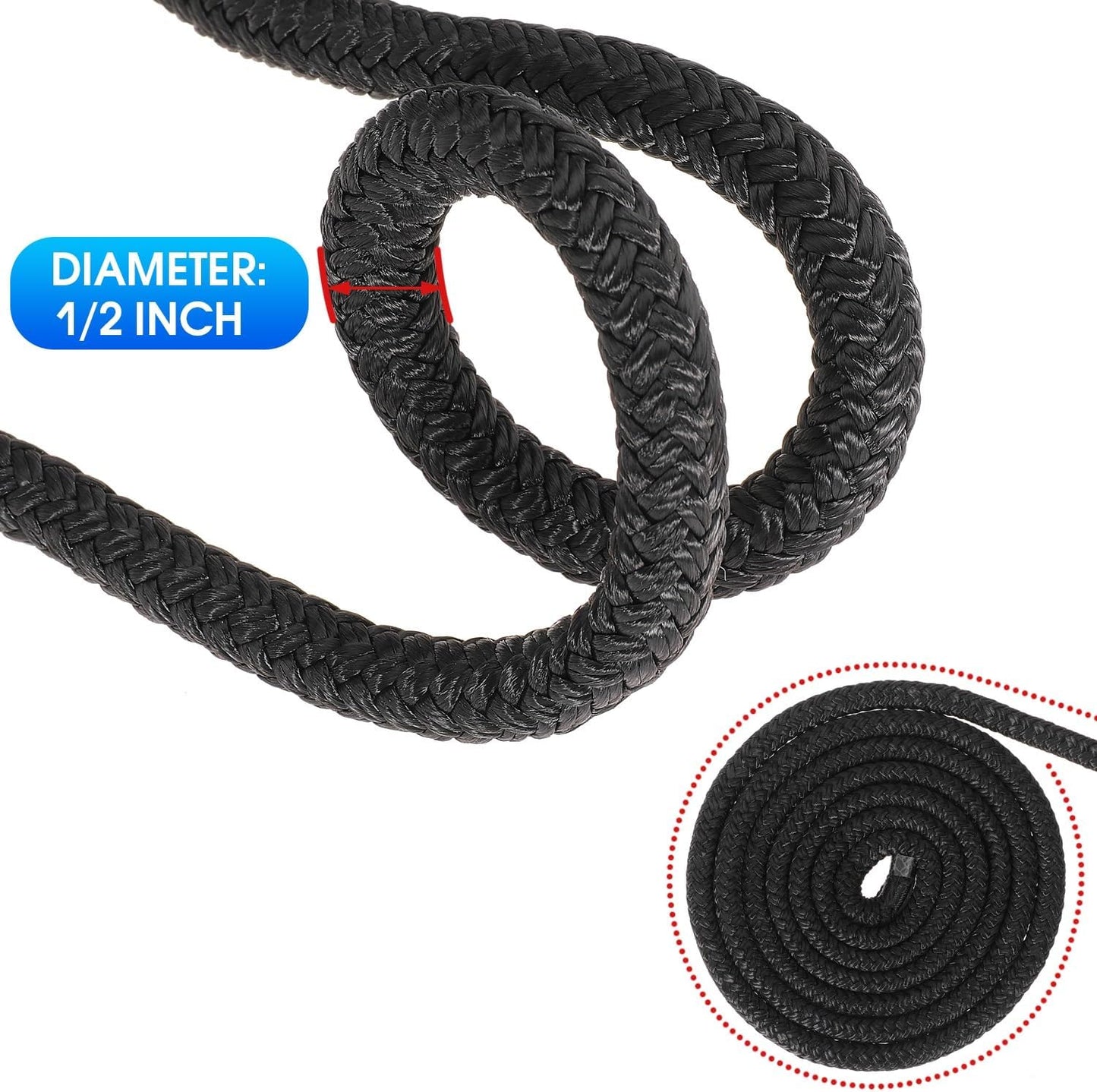 Boat Dock Lines 2 Pack 1/2" x 15FT Boat Lines Nylon Marine Rope for Boats Double-Braided Bumper Rope Boat Lines for Docking Boat Lines Dock Ties