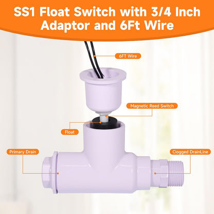 SS1 Float Switch Condensate Overflow Switch with 3/4 Inch Adaptor and 6FT Wire for HVAC Drain Pan Condensate for condensate Overflow Detection (1Pack)