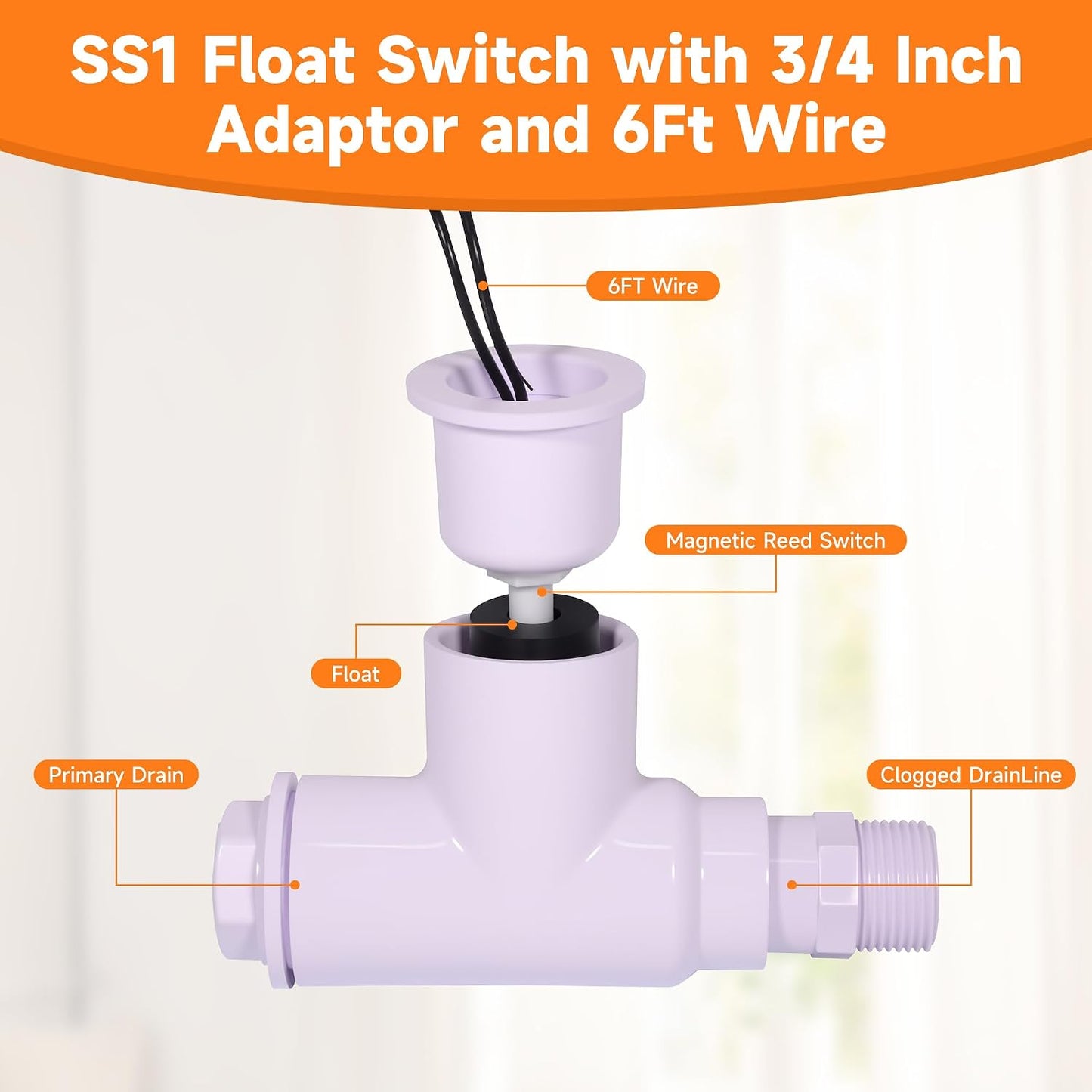 SS1 Float Switch Condensate Overflow Switch with 3/4 Inch Adaptor and 6FT Wire for HVAC Drain Pan Condensate for condensate Overflow Detection (10Pack)