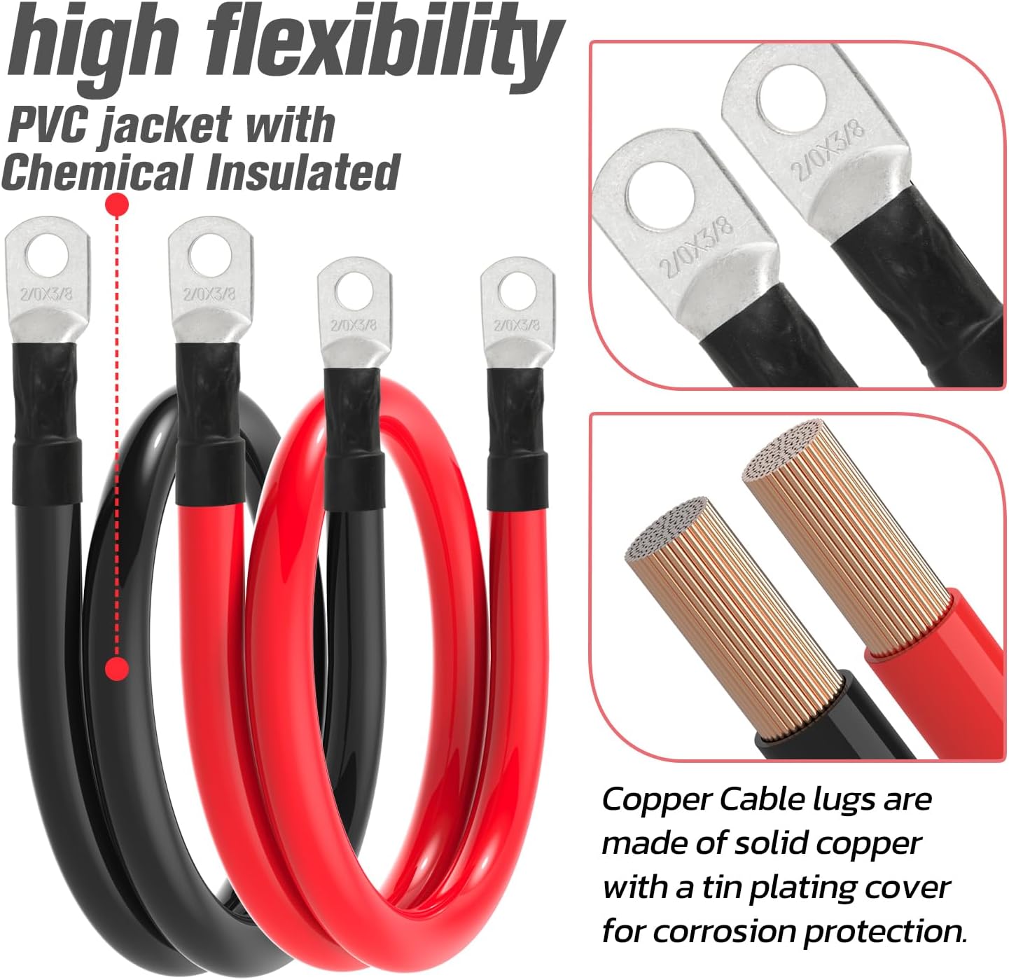 2/0 AWG Battery Cable 2/0AWG Gauge Battery Inverter Cables for Automotive Solar Marine Boat RV Car Motorcycle (2/0 AWG, 2FT, 3/8")