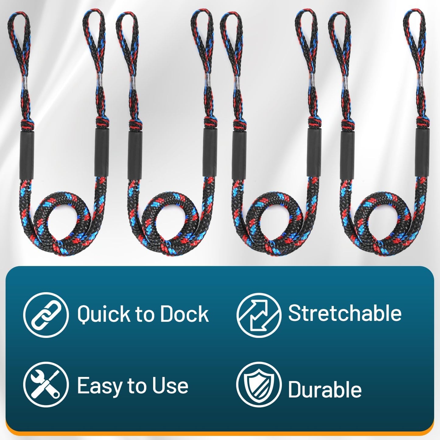 Boat Bungee Dock Lines Marine Mooring Rope Bungee Cord Docking Lines for Boat Docking Ropes for Kayak,Pontoon,Canoe (2 Pack,4 feet to 5.5 feet)