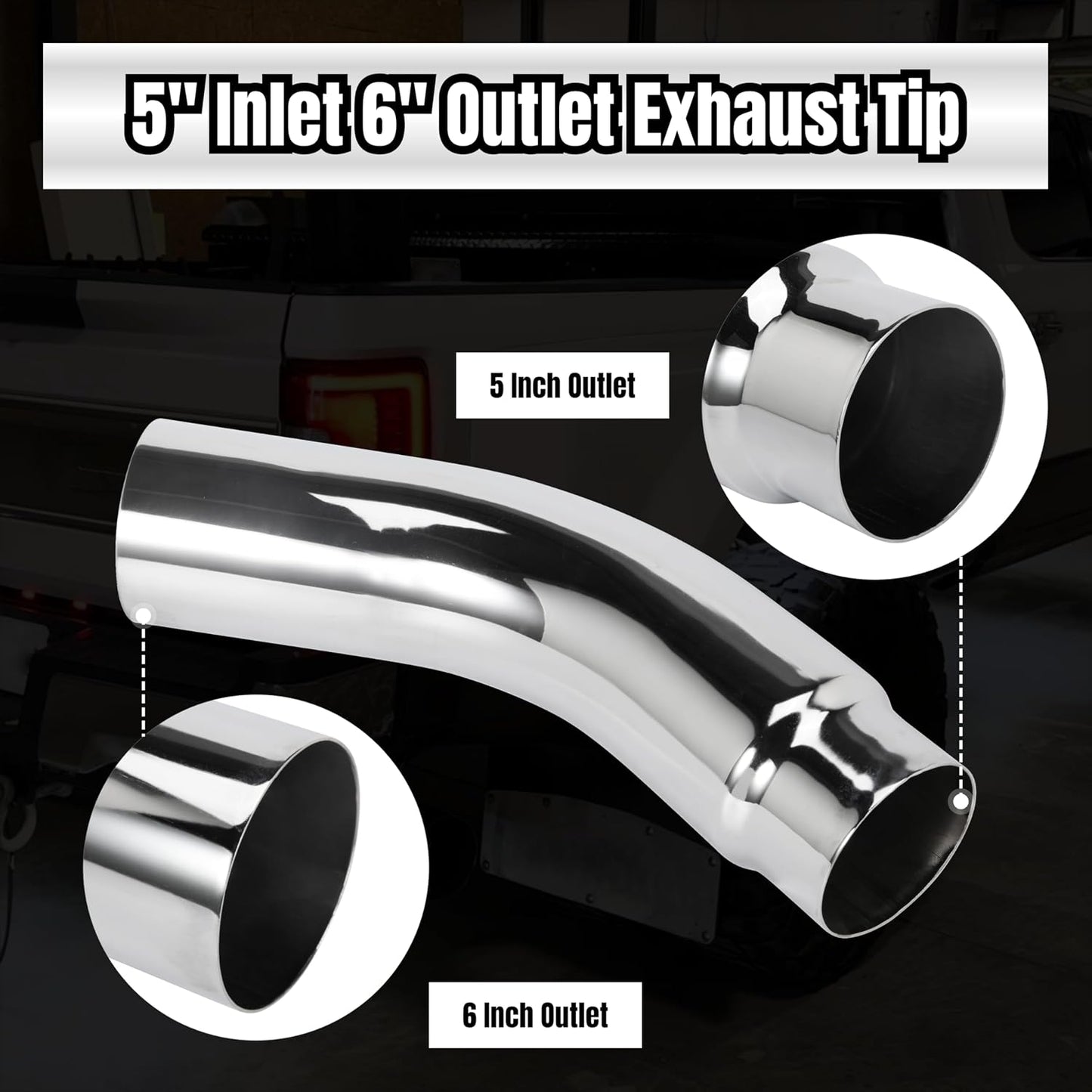 5 Inch Diesel Exhaust Elbow Tip, 5" Inlet to 6" Outlet, 23" Long Chrome Exhaust Pipe Elbow 2pcs 5'' Exhaust Clamps