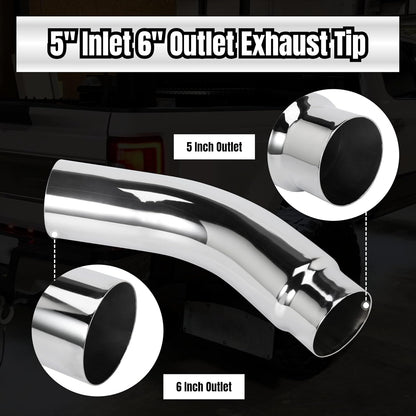 5 Inch Diesel Exhaust Elbow Tip, 5" Inlet to 6" Outlet, 23" Long Chrome Exhaust Pipe Elbow 2pcs 5'' Exhaust Clamps