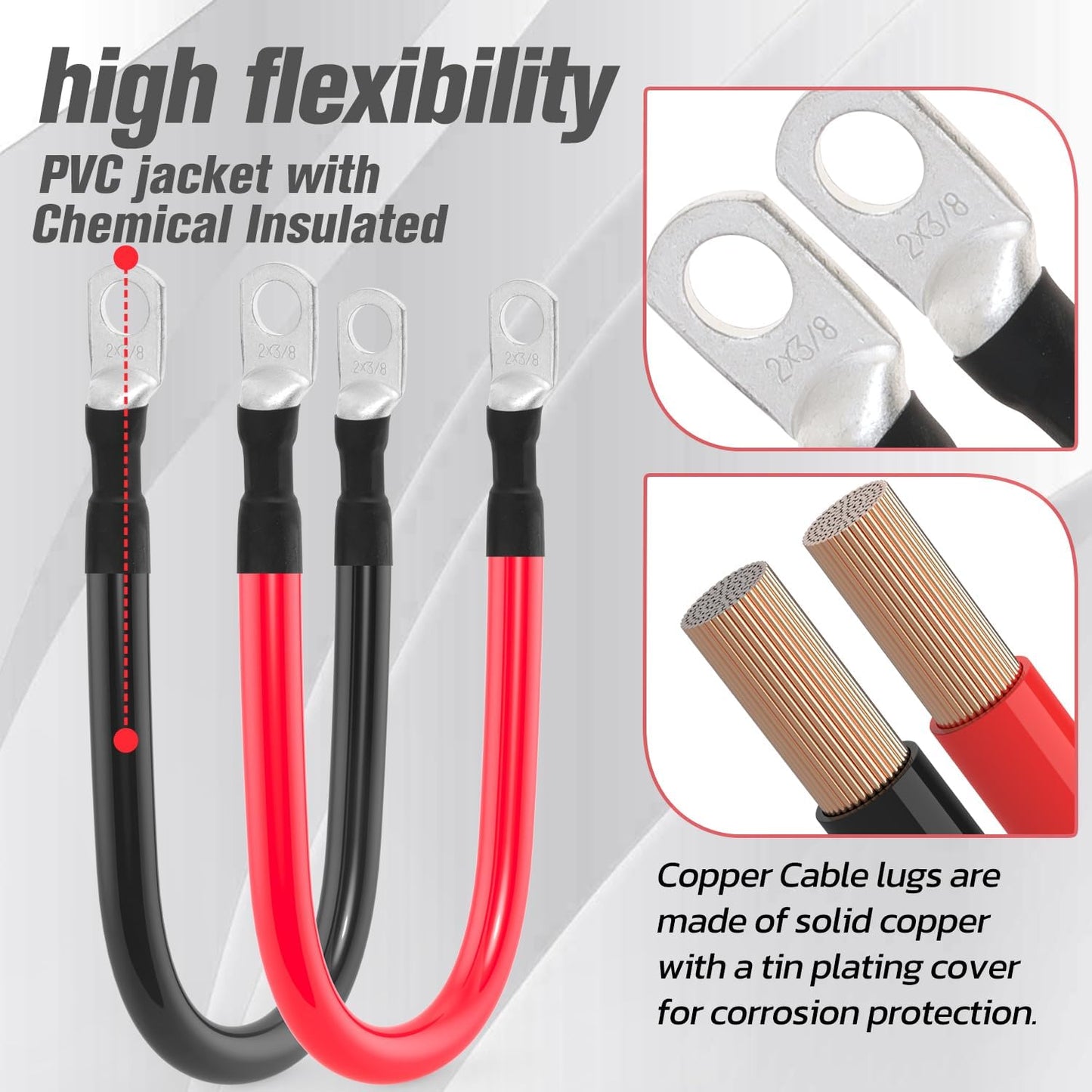 2 AWG Battery Cable 2AWG Gauge Battery Inverter Cables for Automotive Solar Marine Boat RV Car Motorcycle (2 AWG, 2FT, 3/8")