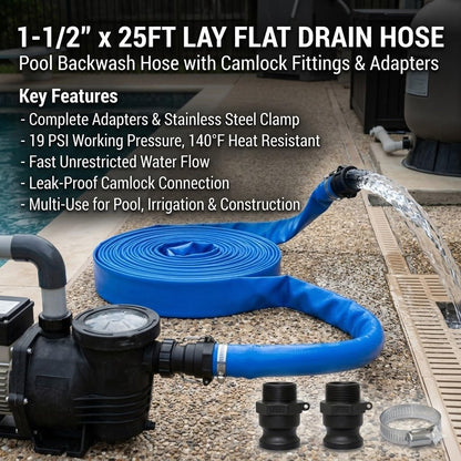 Pool Backwash Drain Hose Lay Flat Discharge Hose 1-1/2" x 25ft Reinforced Drain Pipe with Camlock Fittings for Pump Pool Drainage Includes 150A Adapter and Stainless Steel Clamp
