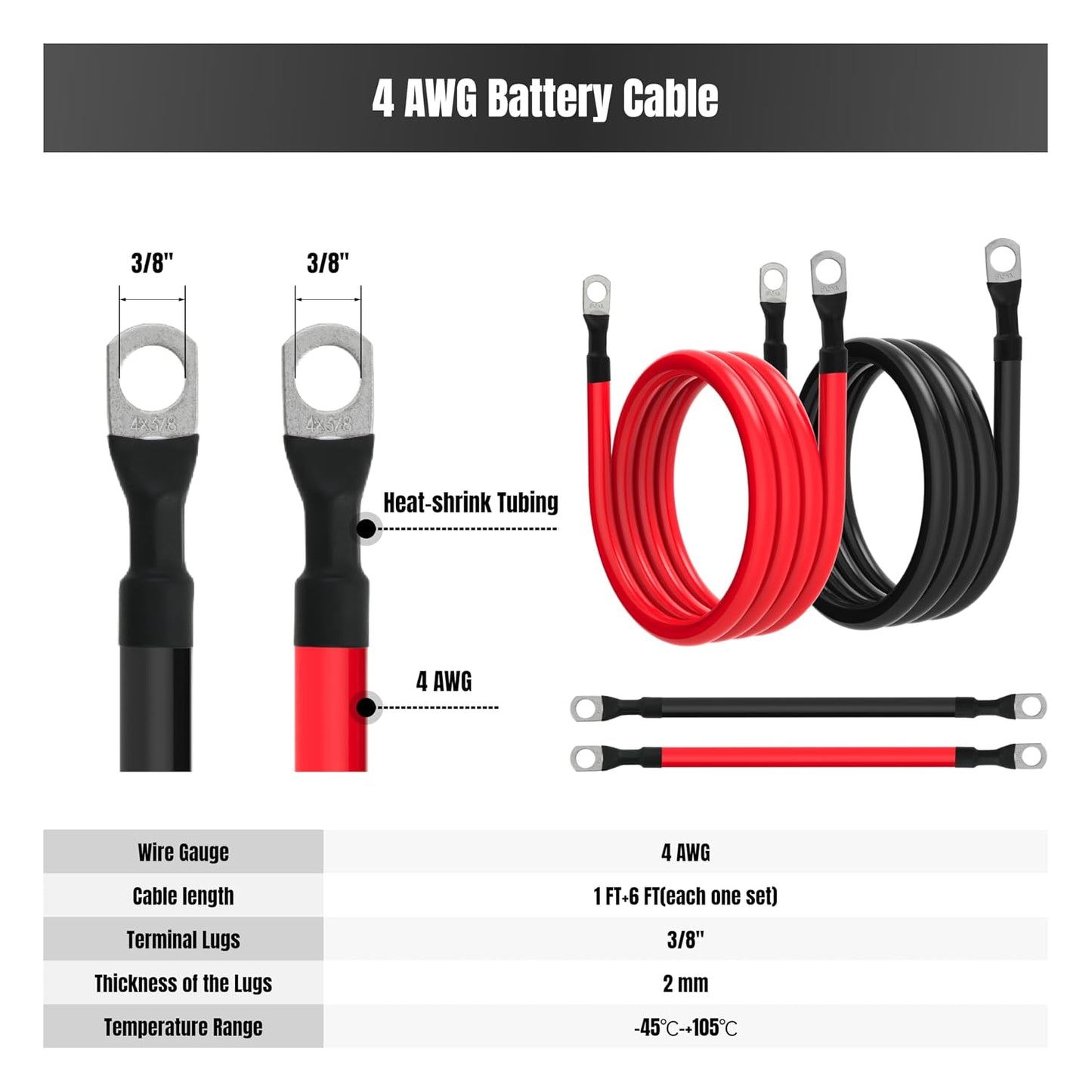 4 AWG Battery Cable 4 Gauge Battery Cables 4AWG Power Inverter Wires Cables with 3/8 inch Lugs for Solar Systems, RVs, Campers, Travel Trailers, Cars (1FT + 6FT)