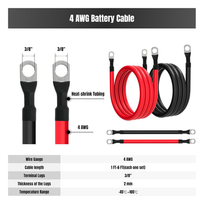 4 AWG Battery Cable 4 Gauge Battery Cables 4AWG Power Inverter Wires Cables with 3/8 inch Lugs for Solar Systems, RVs, Campers, Travel Trailers, Cars (1FT + 6FT)