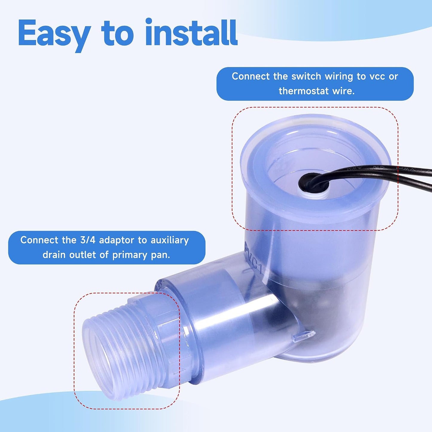 SS2 Float Switch L-Shape with 3/4 Inch Adaptor and 6Ft Wire Water Float Switch for HVAC Drain Pan Condensate Outlet (2Pcs)