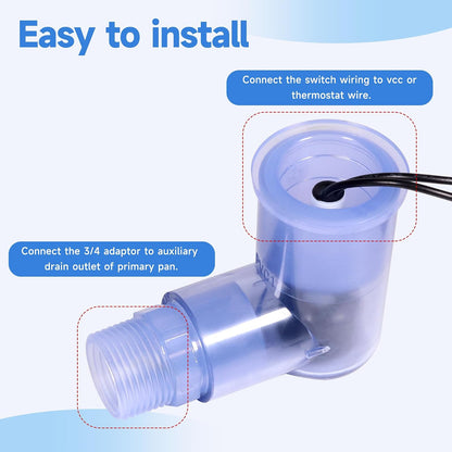SS2 Float Switch L-Shape with 3/4 Inch Adaptor and 6Ft Wire Water Float Switch for HVAC Drain Pan Condensate Outlet (2Pcs)