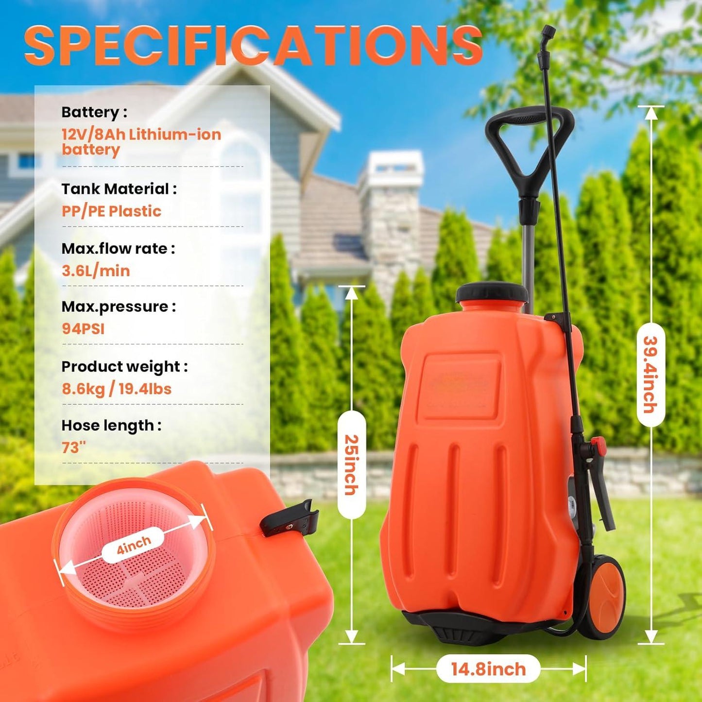 5.4 Gallon Battery Powered Backpack Sprayer with Wheeled Cart, Adjustable 0-94 PSI & 6-Hour Runtime