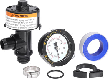 98209800 High Flow Manual Air Relief Valve Pool Filter Air Relief Valve for Predator Pool Filters with Clips O-Rings Gauge Plug Pressure Gauge 1PC