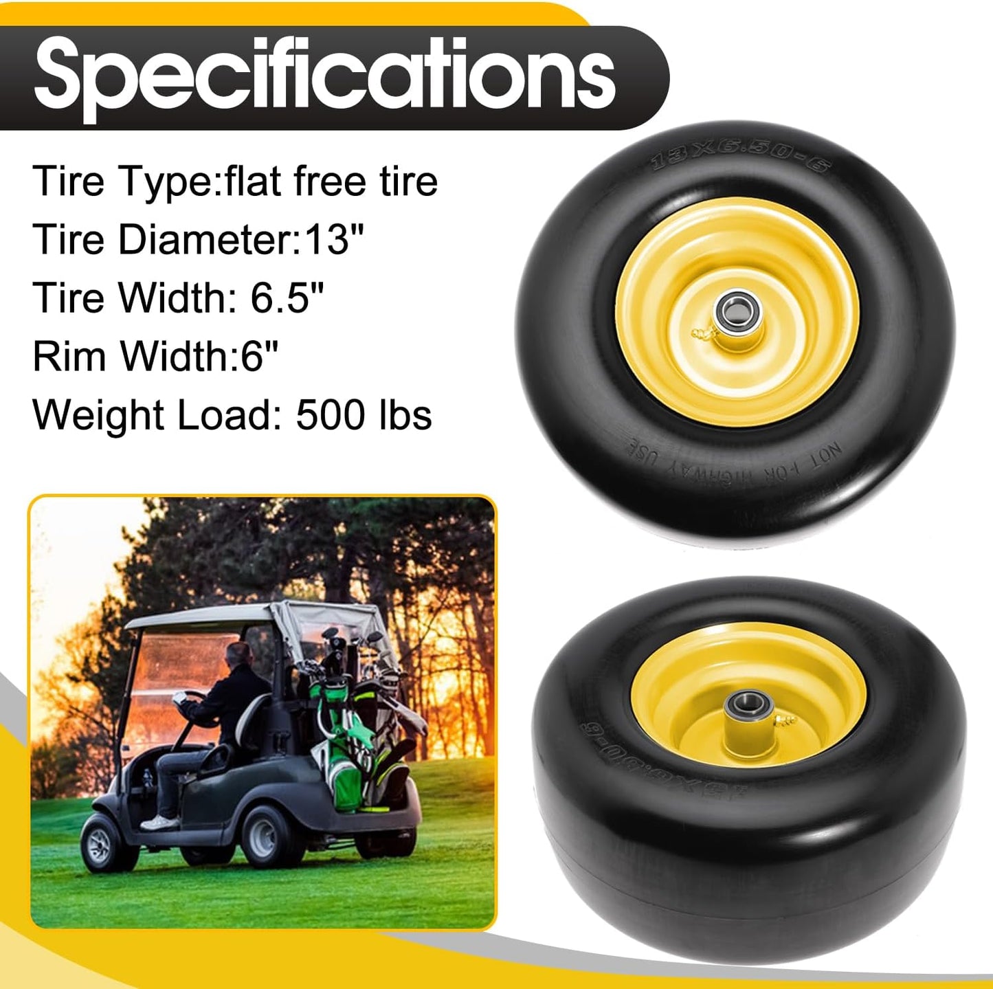 13x6.50-6" Lawn Mower Flat Free Front Wheel Tire, Solid Smooth Tire for Cub Cadet for Toro Zero Turn Lawn Mower with 5.5"-7.5" Center Hub and 3/4" 5/8" 1/2" Precision Bearings (Yellow-1pc)