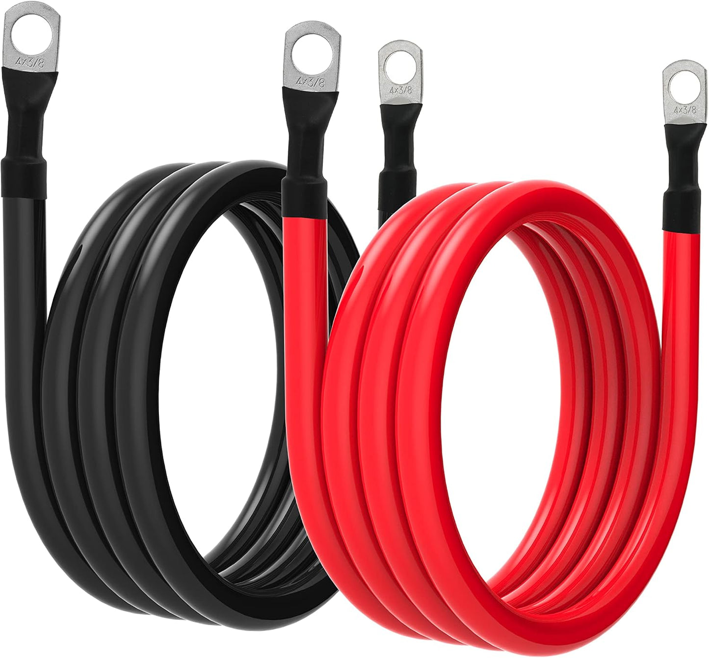 4 AWG Battery Cable 4AWG Gauge Pure Copper Battery Inverter Cables with 3/8 in Lugs Both Ends Power Inverter Wire Set for Automotive Solar Marine Boat RV Car Motorcycle Red and Black (2FT)
