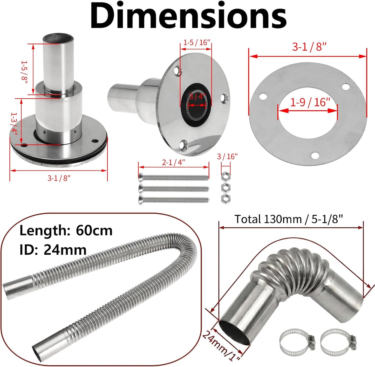60cm 24mm Exhaust Pipe for Diesel Heater, 1 Inch ID Generator Exhaust Extension with Thru Hull Exhaust Skin and Tube Elbow Connector