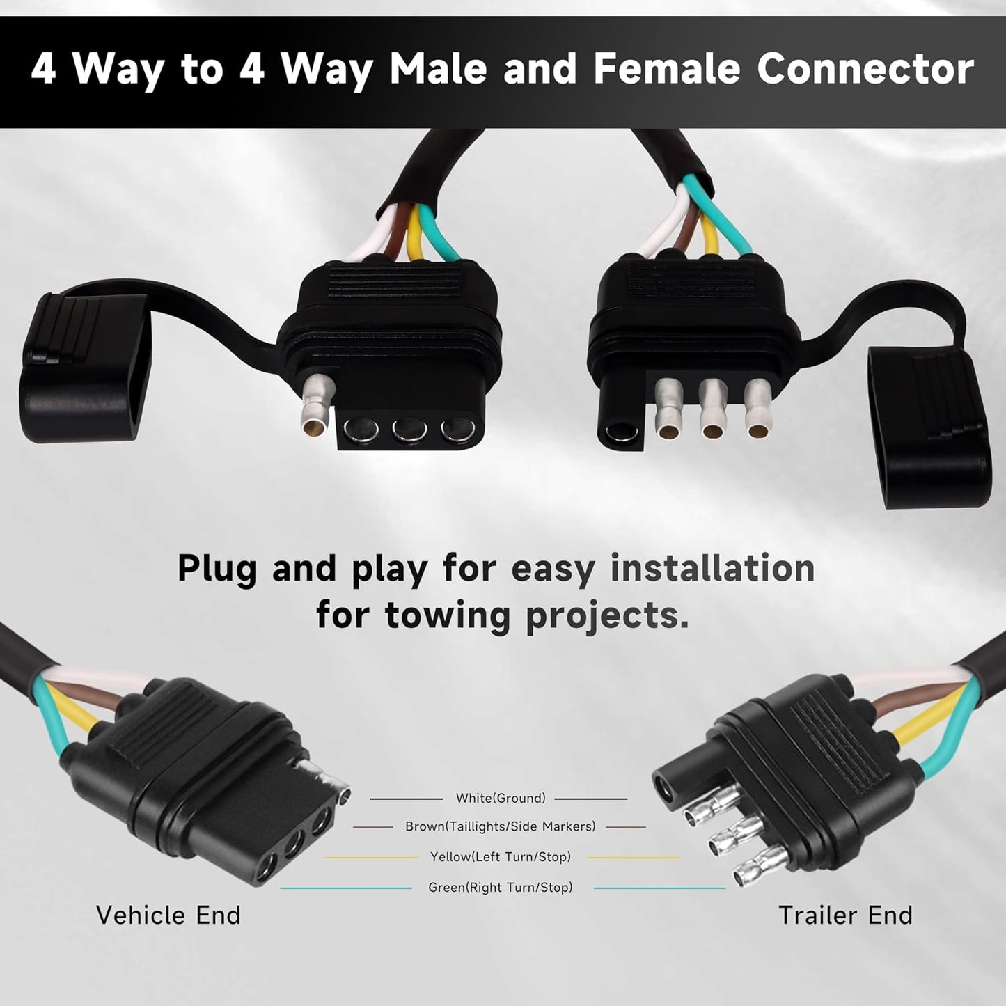 16 AWG 4FT 4-Pin Flat Trailer Wiring Harness with 4 Way to 4 Way Male and Female Connector 16 Gauge 4 to 4 Trailer Extension Wire with Dust Cover for Trailer and Vehicle, Black, 4-16G-4FT