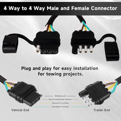 16 AWG 1FT 4-Pin Flat Trailer Wiring Harness with 4 Way to 4 Way Male and Female Connector 16 Gauge 4 to 4 Trailer Extension Wire with Dust Cover for Trailer and Vehicle, Black, 4-16G-1FT