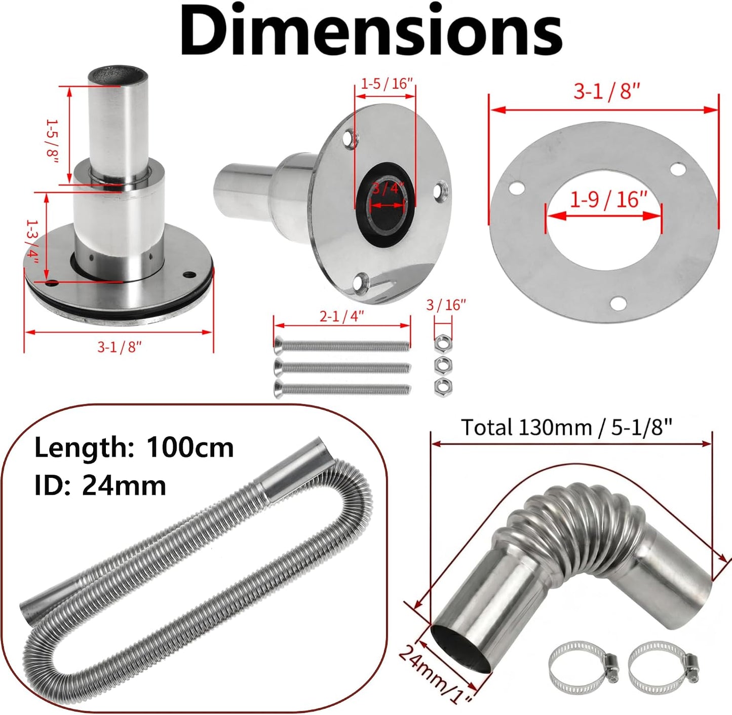 100cm 24mm Exhaust Pipe for Diesel Heater, 1 Inch ID Generator Exhaust Extension with Thru Hull Exhaust Skin and Tube Elbow Connector