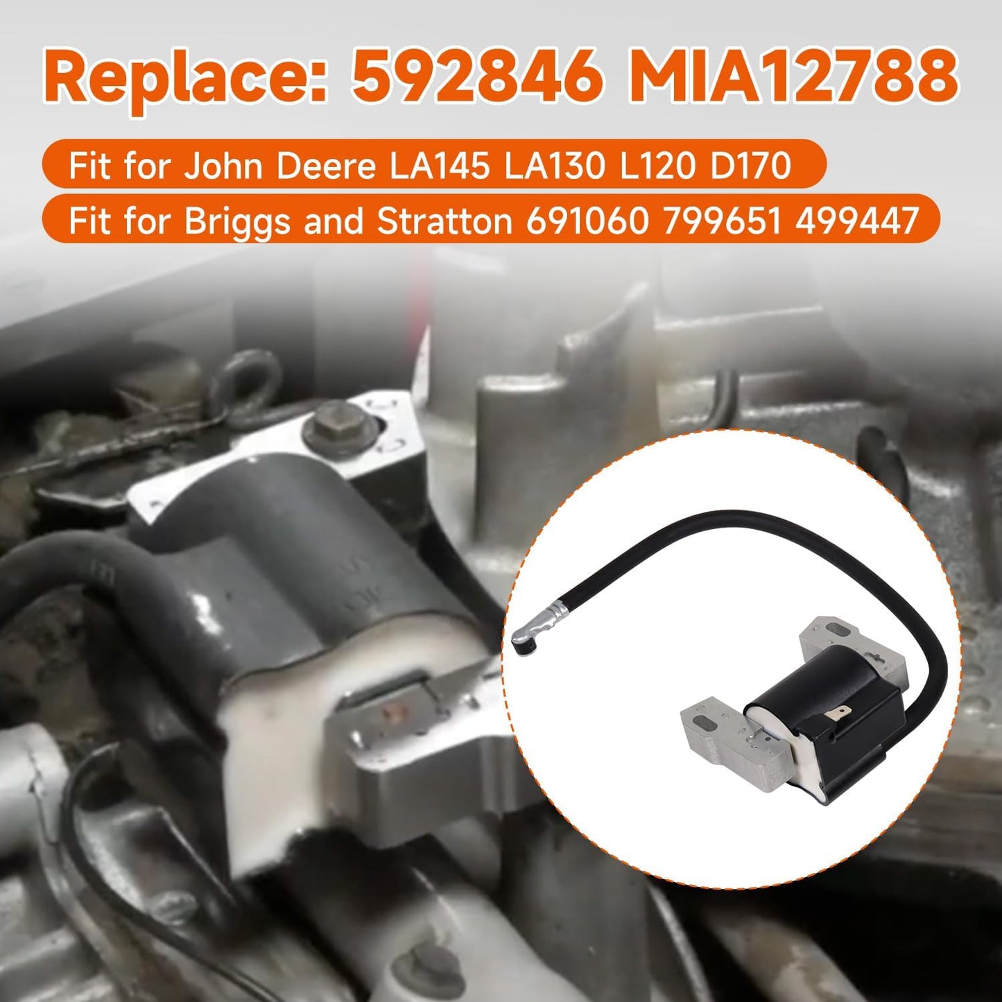 592846 Ignition Coil Replace MIA12788 for John Deere LA145 LA130 L120 D170 691060 799651 499447, Compatible with Intek V-Twin 18-22HP Engine, 2 Pcs