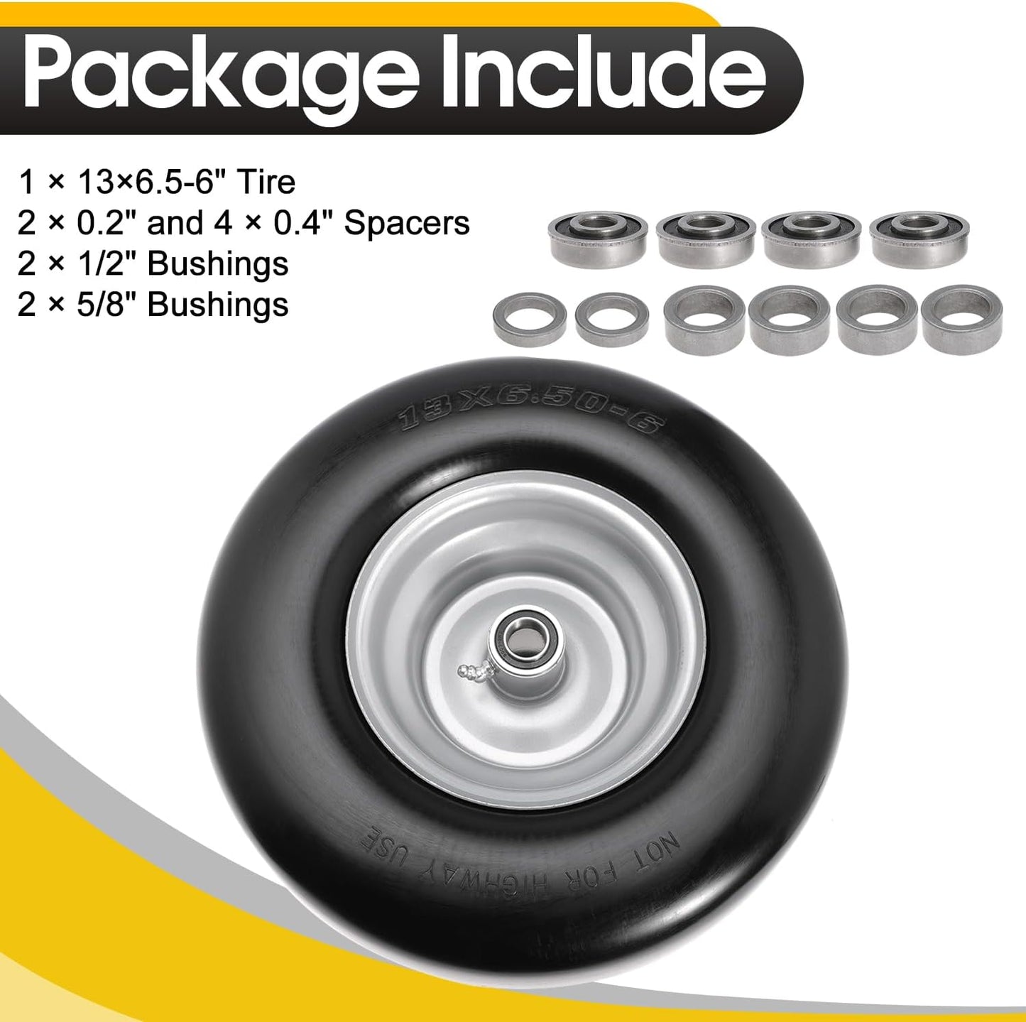 13x6.50-6" Lawn Mower Flat Free Front Wheel Tire, Solid Smooth Tire for Cub Cadet for Toro Zero Turn Lawn Mower with 5.5"-7.5" Center Hub and 3/4" 5/8" 1/2" Precision Bearings (Silver-1pc)