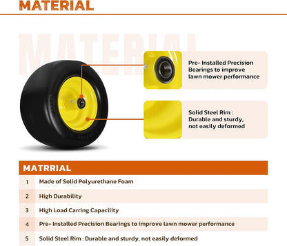 11x6.00-5 Flat Free Tire, Lawn Mower Tires Assembly with 3/4"", 5/8"", 1/2"" Bearings for Bad Boy, for Zero Turn Lawn Mower Tires, for Go Kart Cub Cadet Front Wheel and Tire, 2 Pack