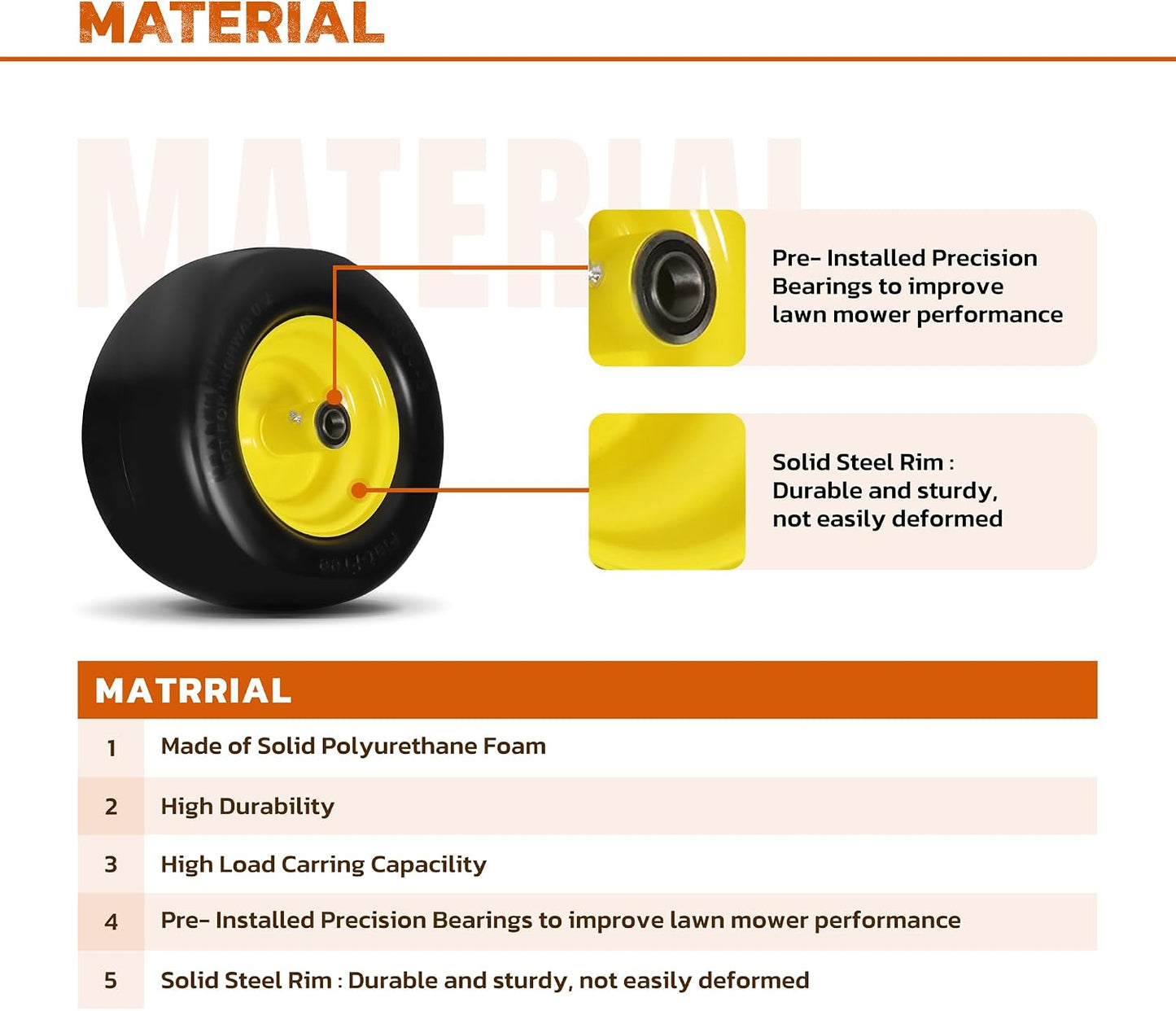 11x6.00-5 Flat Free Tire, Lawn Mower Tires Assembly with 3/4"", 5/8"", 1/2"" Bearings for Bad Boy, for Zero Turn Lawn Mower Tires, for Go Kart Cub Cadet Front Wheel and Tire, 2 Pack