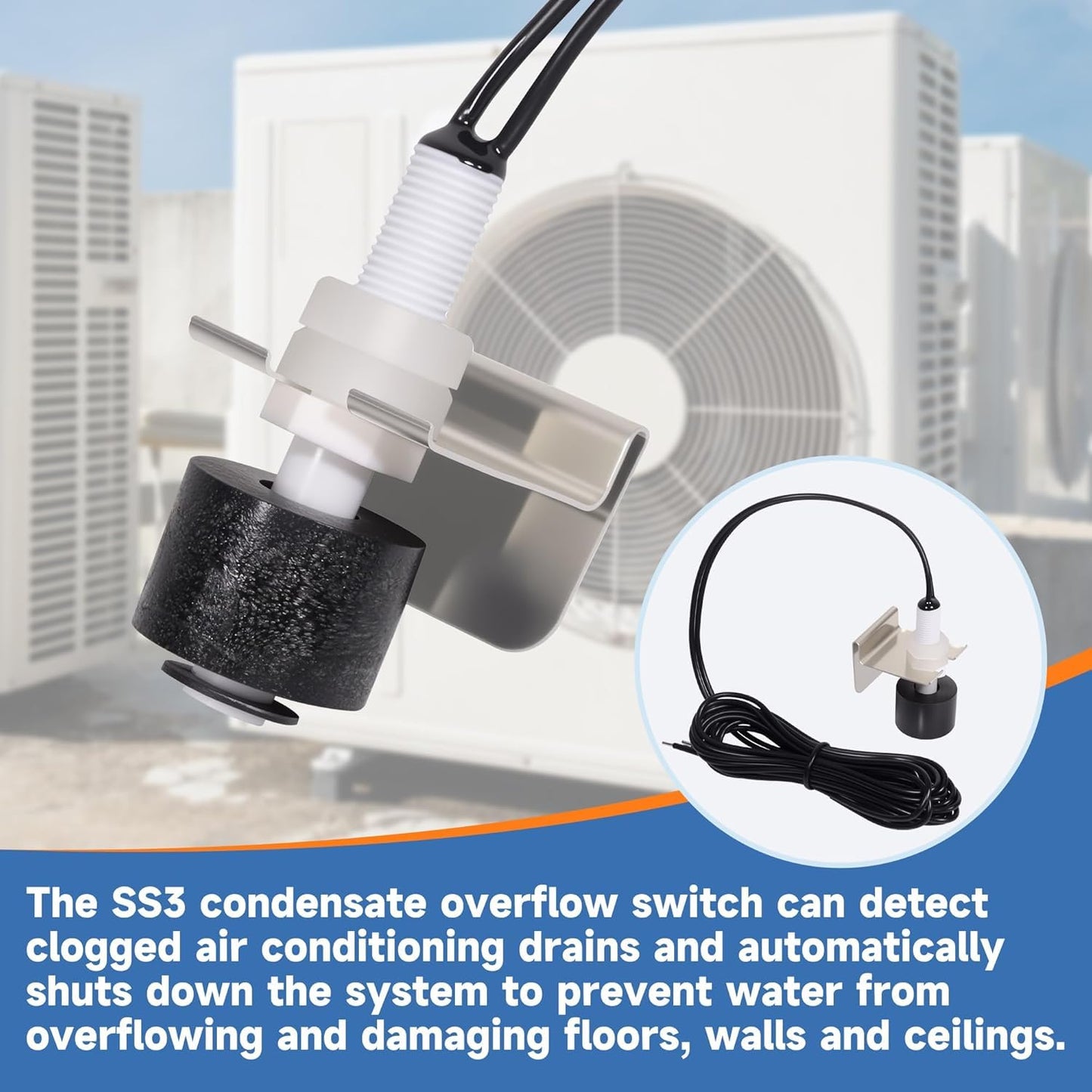 SS3 Float Switch Condensate Overflow Switch Replace 97647 for HVAC Drain Pan Condensate for Installation on Primary and Auxiliary Drain Pans (2Pack)