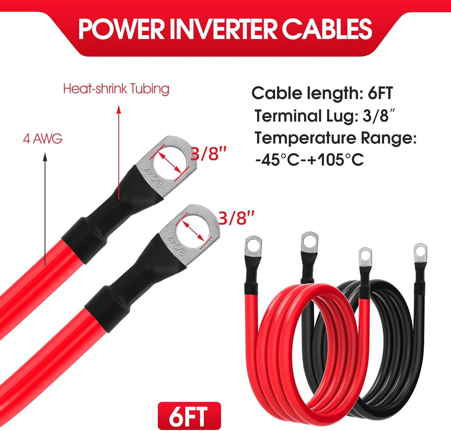 4 AWG Battery Cable 4AWG Gauge Pure Copper Battery Inverter Cables with 3/8 in Lugs Both Ends Power Inverter Wire Set for Automotive Solar Marine Boat RV Car Motorcycle Red and Black (6ft)