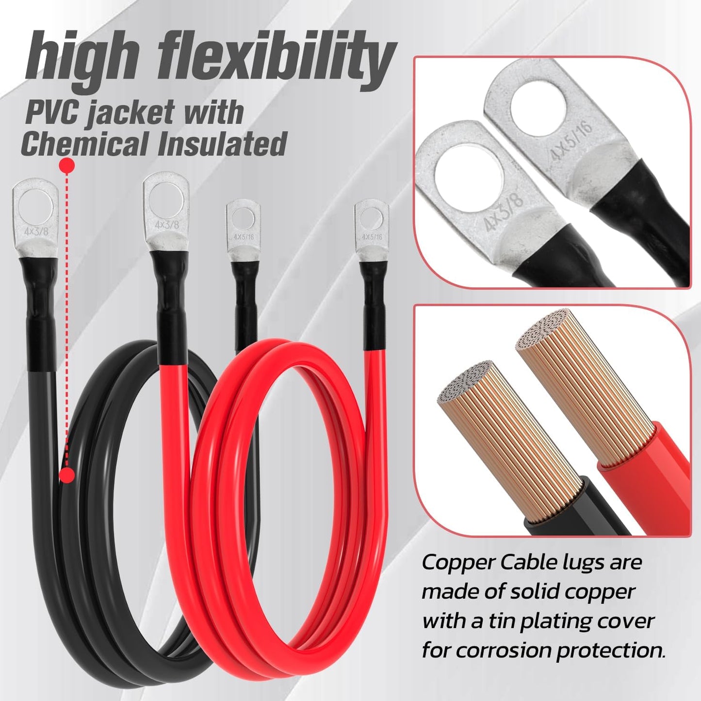 6 AWG Battery Cable 6AWG Gauge Battery Inverter Cables for Automotive Solar Marine Boat RV Car Motorcycle (6 AWG, 2FT, 3/8"+5/16")