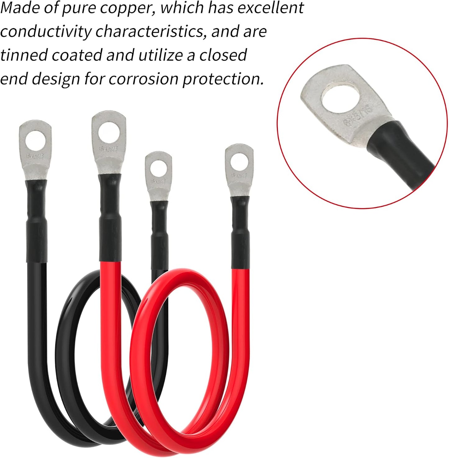 6 AWG Battery Cables 6 Gauge Battery Power Inverter Cable with 5/16 Inch Tinned Copper Lugs Both Ends for Solar Marine Boat RV Car Motorcycle 2 pcs (18 in)
