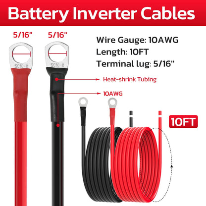 10 AWG Battery Cables 10 Gauge Solar Panel Wire Tinned Copper Extension Cable with 5/16'' Lugs for RV Solar Panel Car Automotive (10AWG 10FT)