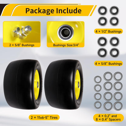 11x6.00-5" Flat Free Tire, Solid Smooth Front Wheel Tire for Bad Boy for Cub Cadet ZT1 for Zero Turn Mower for ZT1 42" 46" 50" 54" Mowers with 3/4" 5/8" 1/2" Precision Bearings (11x6.00-5" Tire-2pc)
