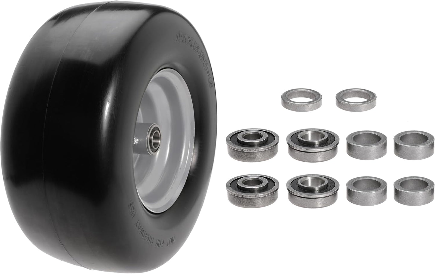 13x6.50-6" Lawn Mower Flat Free Front Wheel Tire, Solid Smooth Tire for Cub Cadet for Toro Zero Turn Lawn Mower with 5.5"-7.5" Center Hub and 3/4" 5/8" 1/2" Precision Bearings (Silver-1pc)